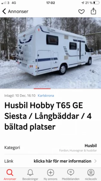Hobby Långbäddar med stort Garage Bobil - Vadstena, Sverige