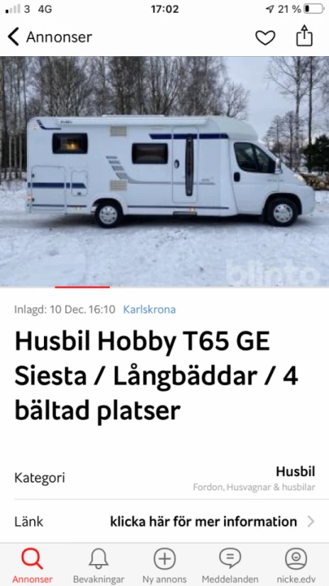 Hobby Långbäddar med stort Garage Bobil - Vadstena, Sverige