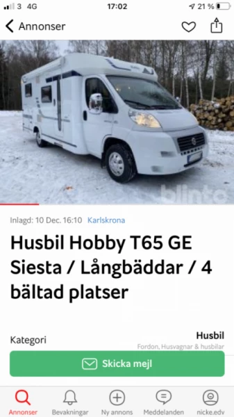 Hobby Långbäddar med stort Garage Bobil - Vadstena, Sverige